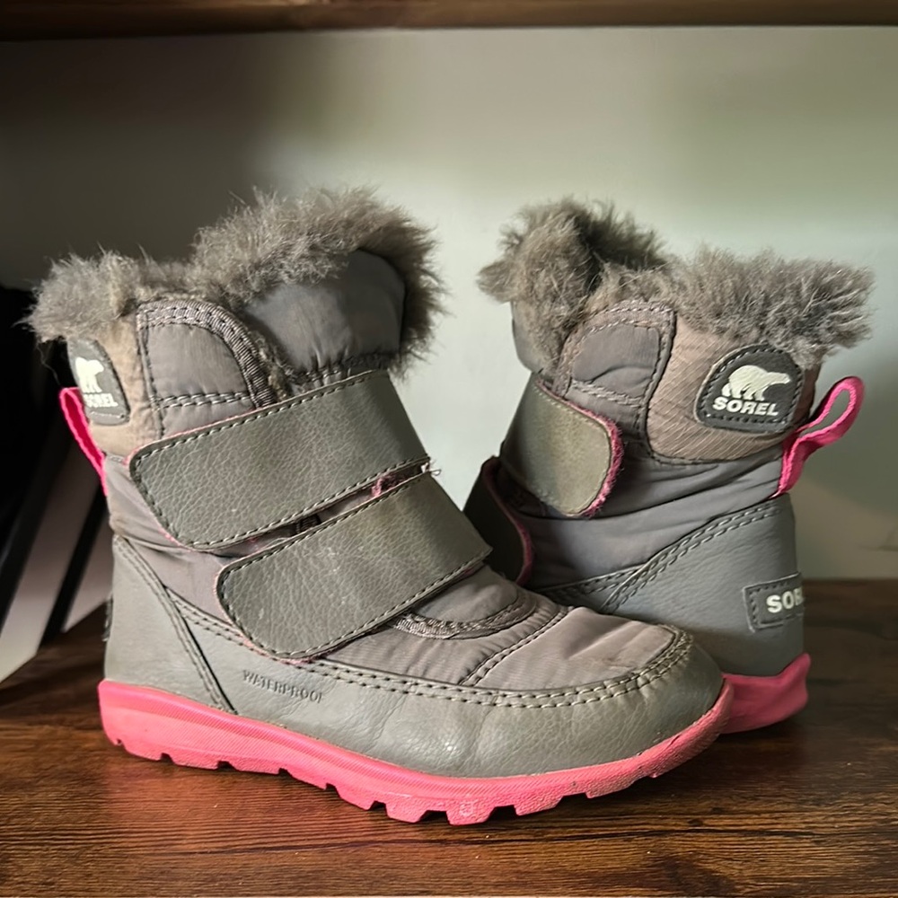 Sorel Kids' Grey and Pink Whitney Strap Waterproof Boots with Faux Fur Trim 10